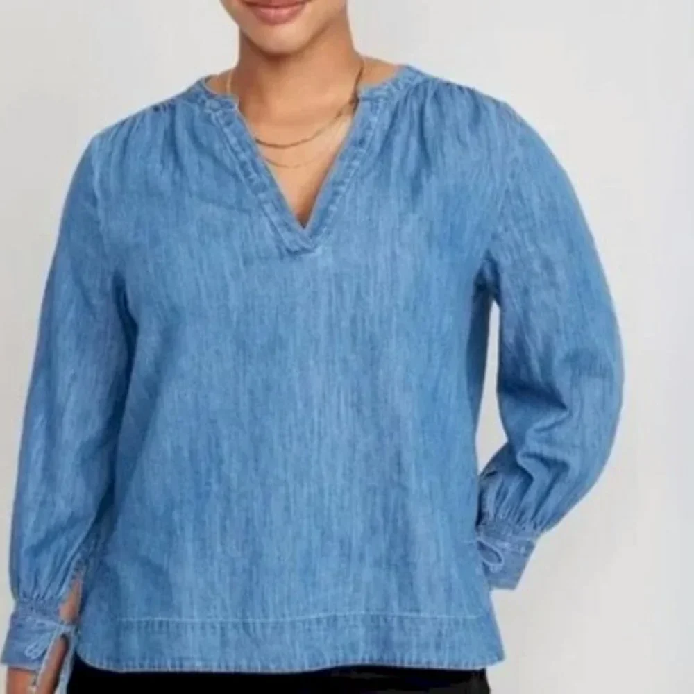 Split-Neck Puff-Sleeve Jean Blouse Size 2X